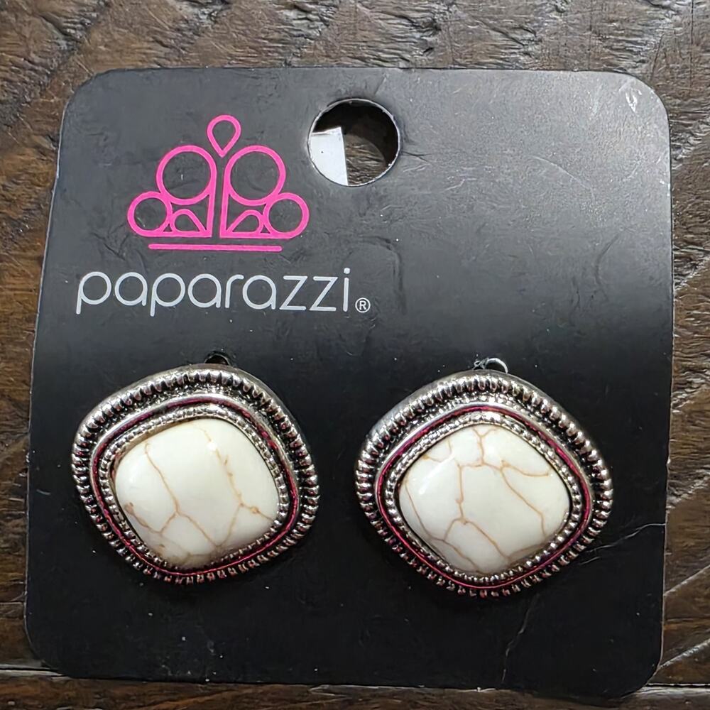 Paparazzi White Stone Stud Earrings Square Silver Tone Western Boho Faux Howlite